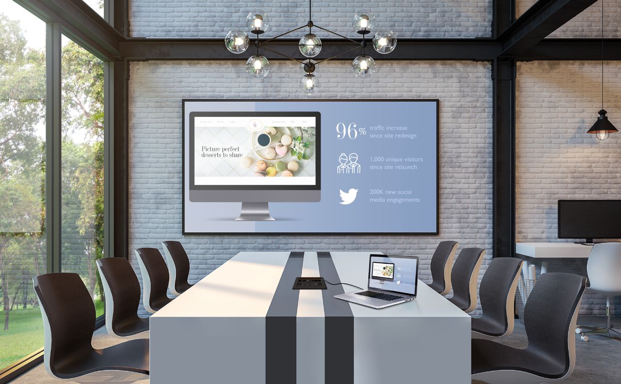 Contemporary conference room with a screen showing website stats, a laptop on the table, and large windows overlooking greenery.