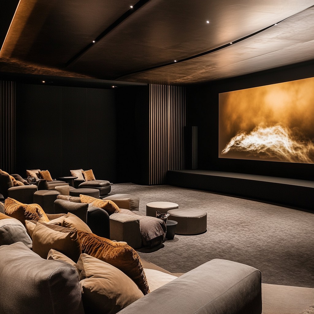Luxury home theater with plush tiered seating and a large projection screen