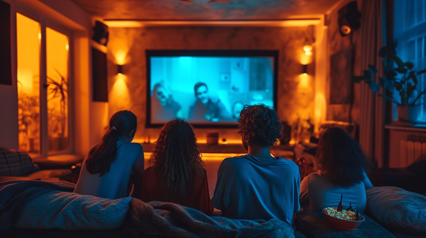 Friends enjoying a movie night on a big screen with warm ambient lighting