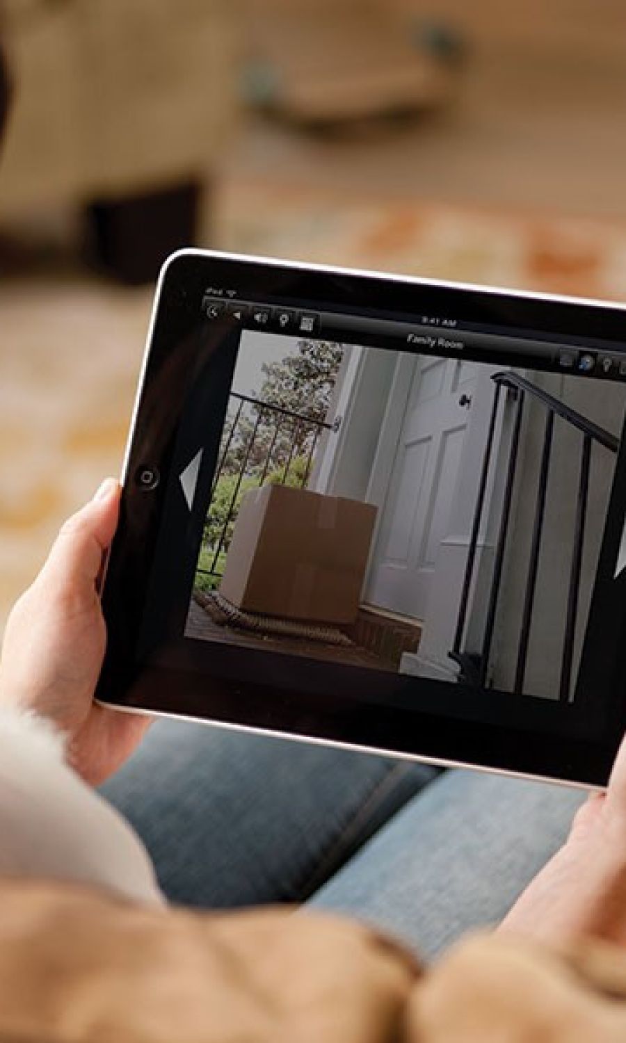 warm toned room with lutron lighting and shades